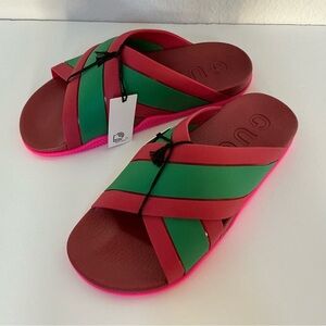 Gucci Coral and Green Striped Crisscross Slides 42